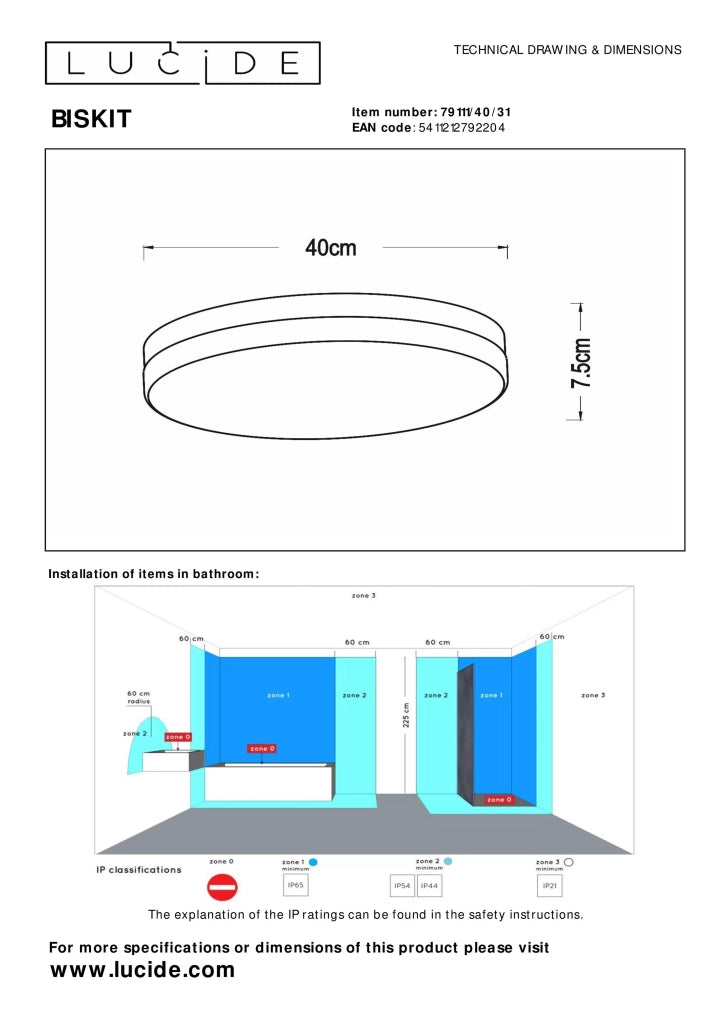 Plafoniera bagno LED Lucide Biskit 40cm 36W bianca