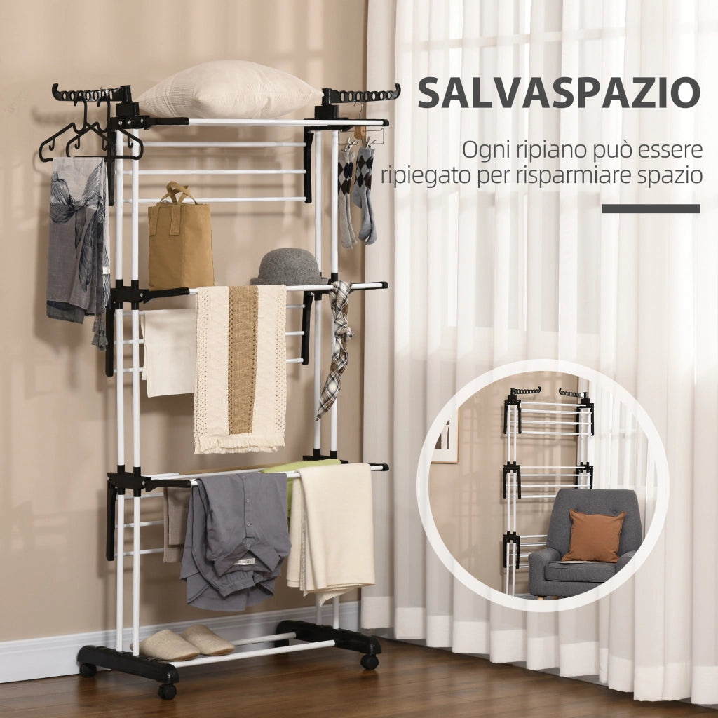 Stendibiancheria Pieghevole a 4 Ripiani con Ali Girevoli ¨C Xylo ¨C Acciaio e PP, 73x64x177 cm, Nero