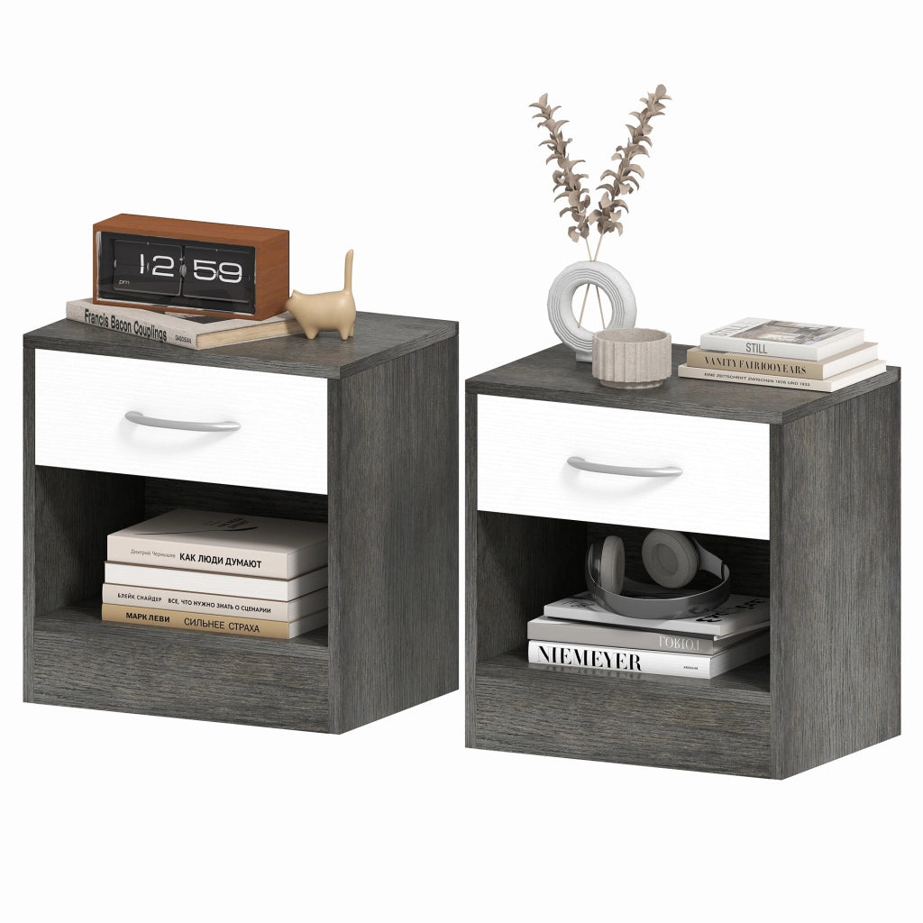 Comodini Moderni con Cassetto e Ripiano Aperto ¨C zephmum ¨C Legno, Bianco e Grigio Scuro, 39x28x41 cm