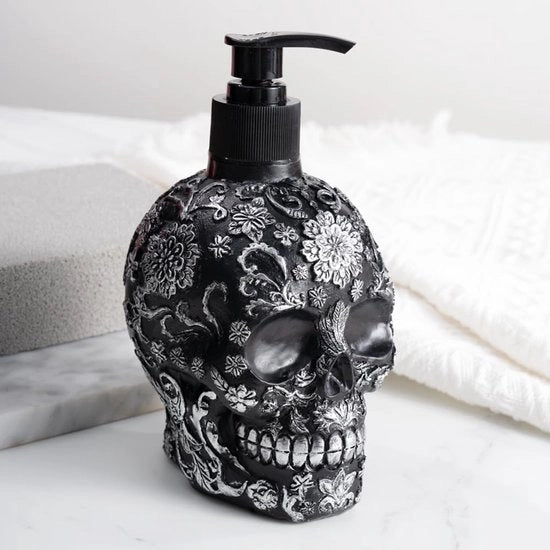Dispensatore di sapone con teschio - Flacone di crema per mani lavabile - 1 pezzo - Nero-argento - Resistente all'ossidazione
