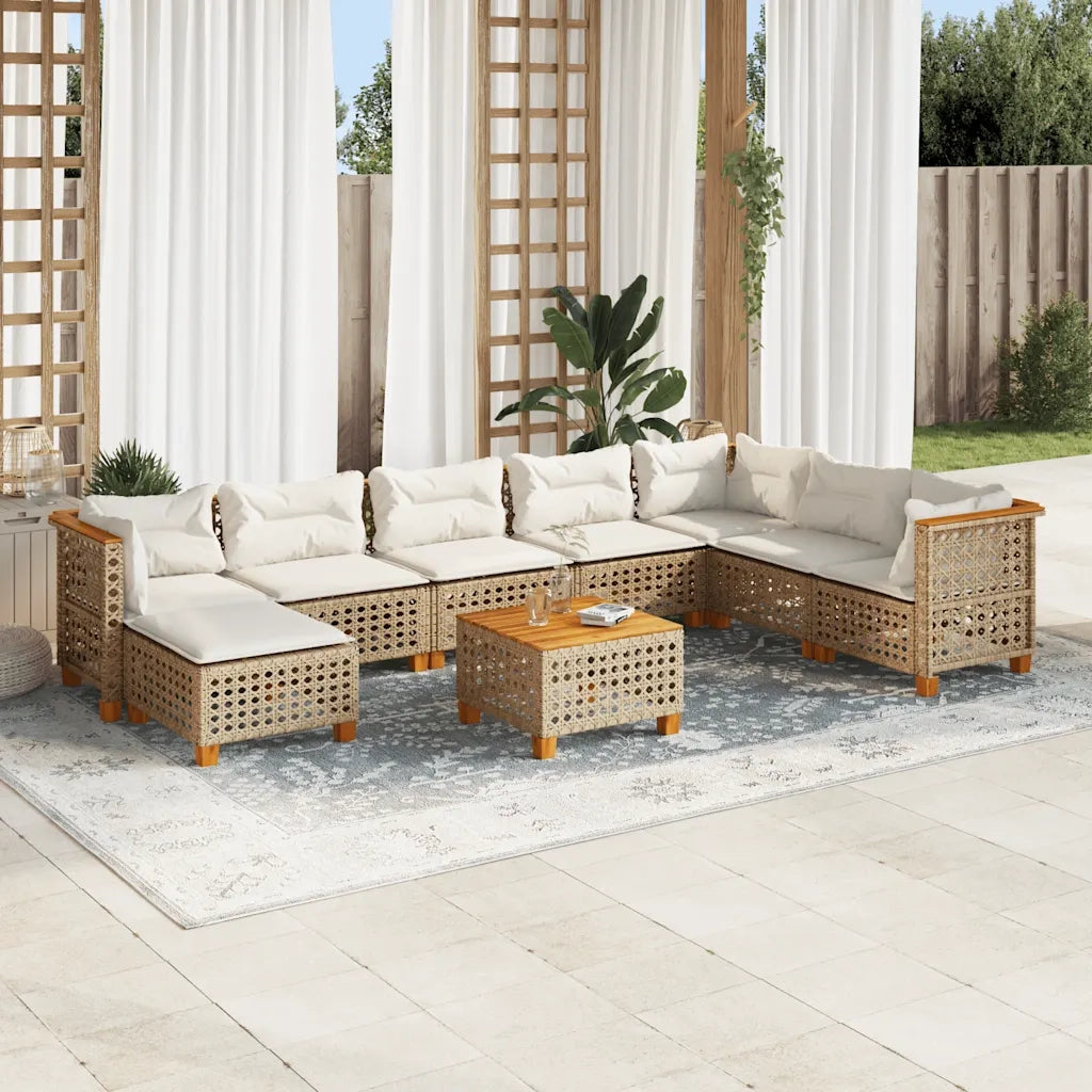 Set Divano da Giardino 9 pz con Cuscini Beige in Polyrattan