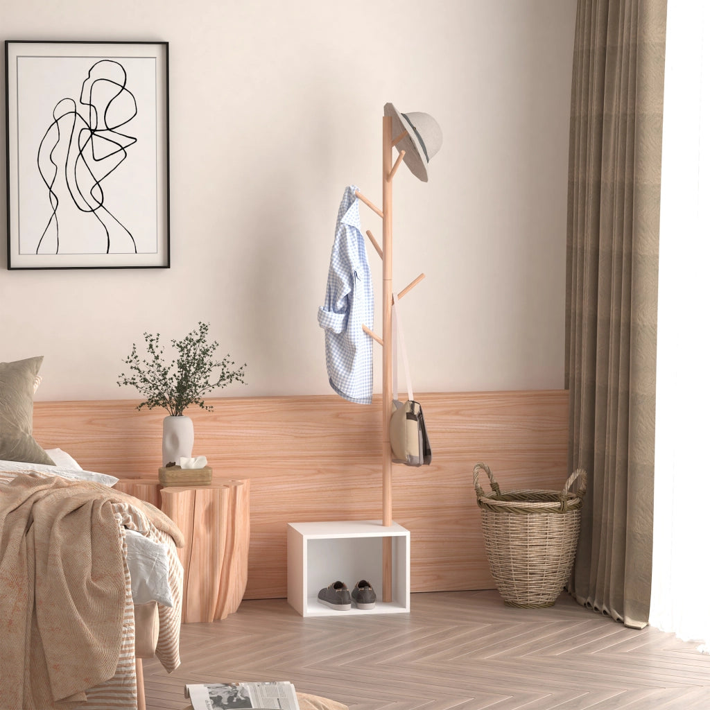 Panca con Appendiabiti da Ingresso,Attaccapanni da Terra in Bamb¨´,Panca da Ingresso Bianca,Design,anche per Camera da Letto,40x30x180cm,Bianco Legno