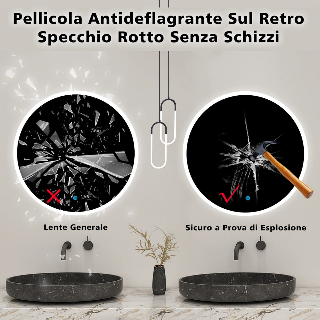 Aica Specchio da bagno rotondo con LED 70 x 70 cm + antiappannamento + interruttore a sfioramento