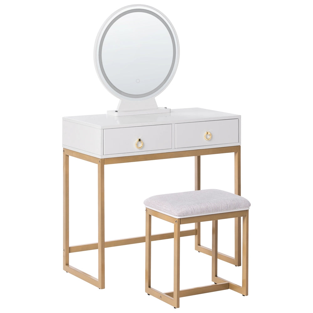 Toeletta con 4 cassetti specchio LED bianco e oro e sgabello camera da letto elegante