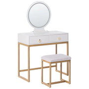 Toeletta con 4 cassetti specchio LED bianco e oro e sgabello camera da letto elegante