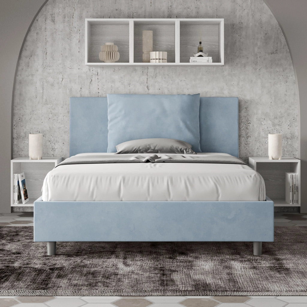 BS COM Letto queen size senza rete imbottito 150x190 microfibra azzurro