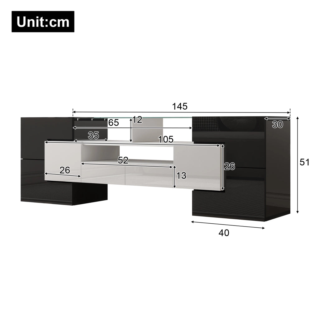 Credenza TV bianco lucido e nero in truciolare 145 cm