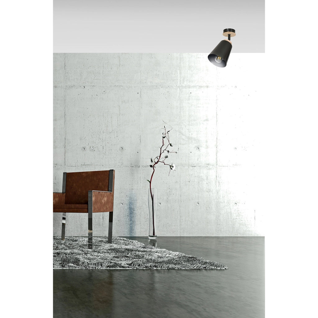 Plafoniera A Faretto Spot 1 Luce In Acciaio Nero E Legno Naturale