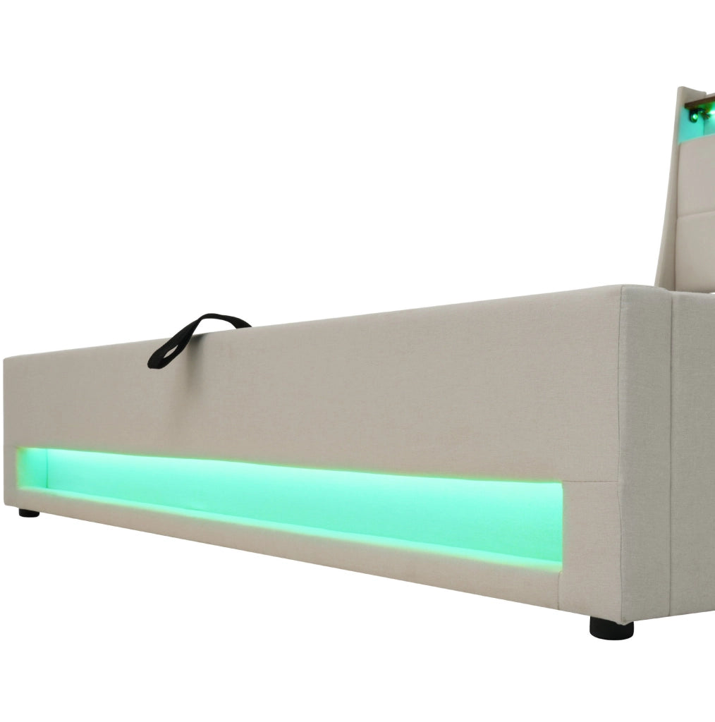 Letto imbottito con LED e USB 160x200 cm, contenitore salvaspazio