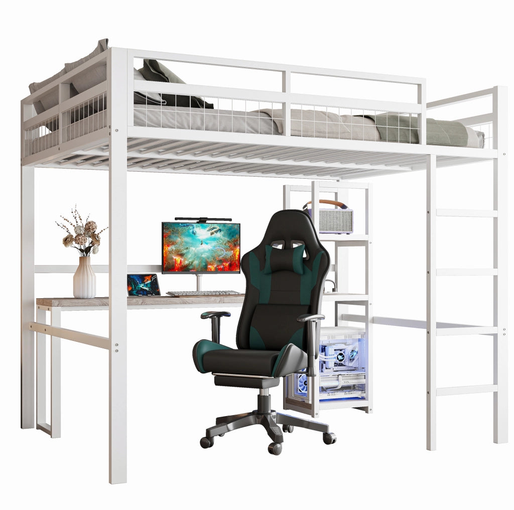 Letto a soppalco 140x200 cm con scrivania, ripiani e prese USB Type-C
