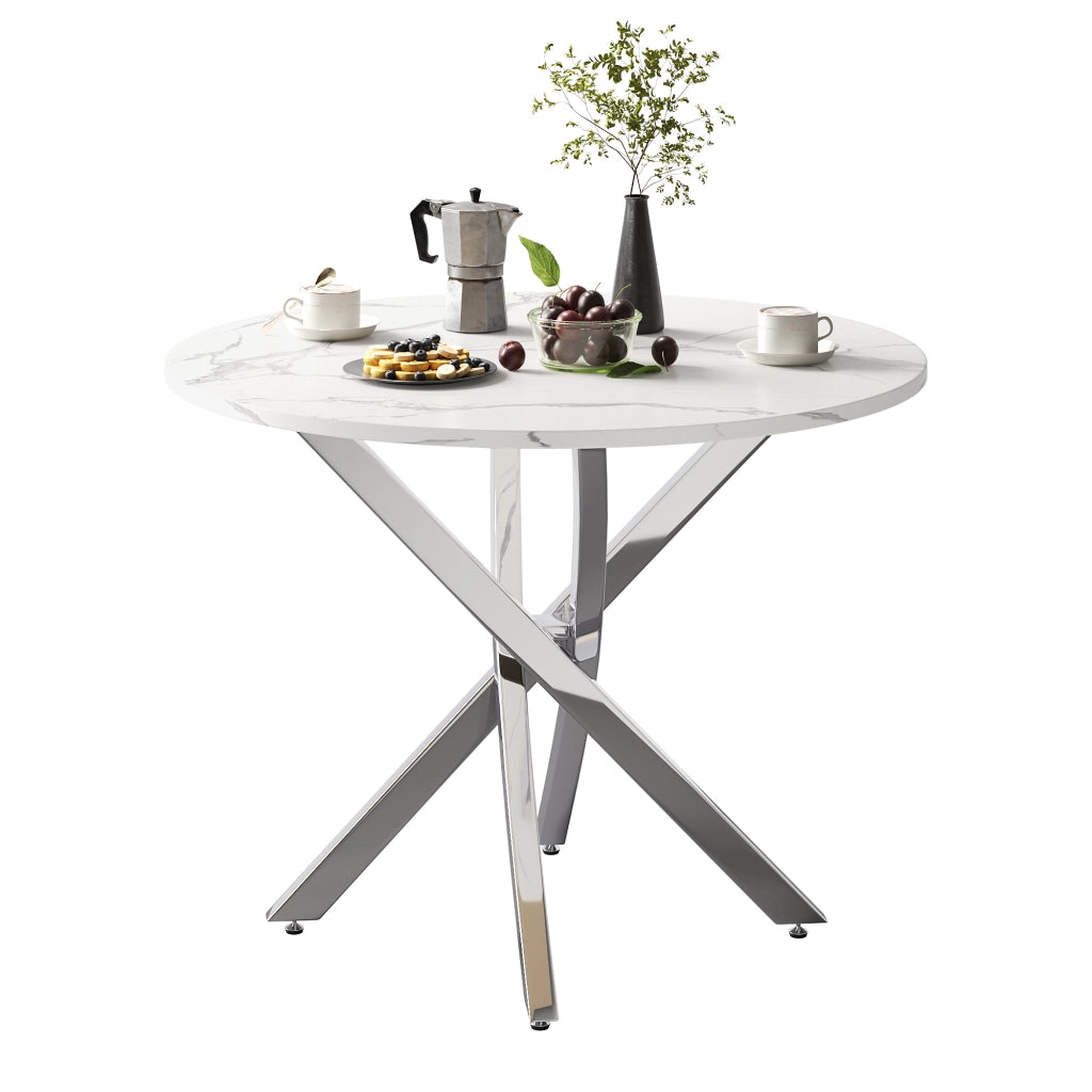 TAVOLO da pranzo rotondo 80 cm effetto marmo bianco e argento