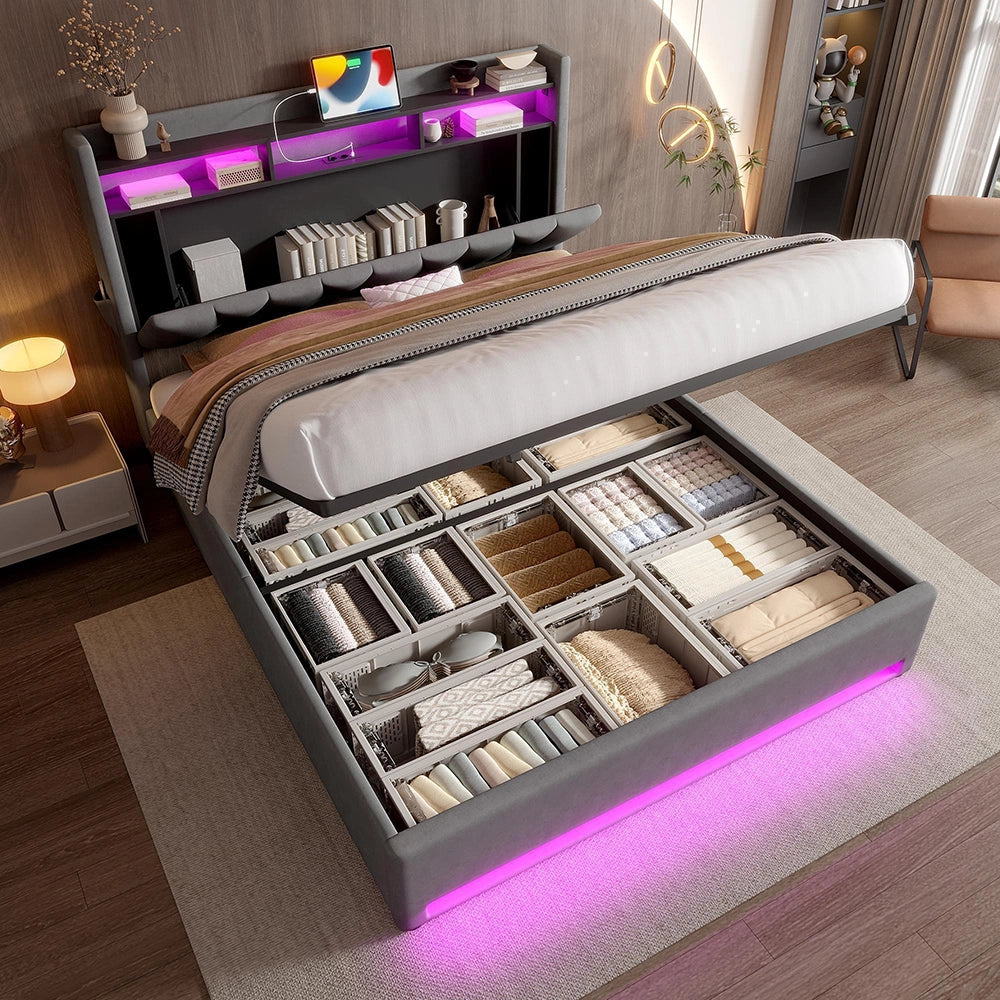 Letto 140x200cm imbottito - Xylo - grigio USB-C idraulico LED