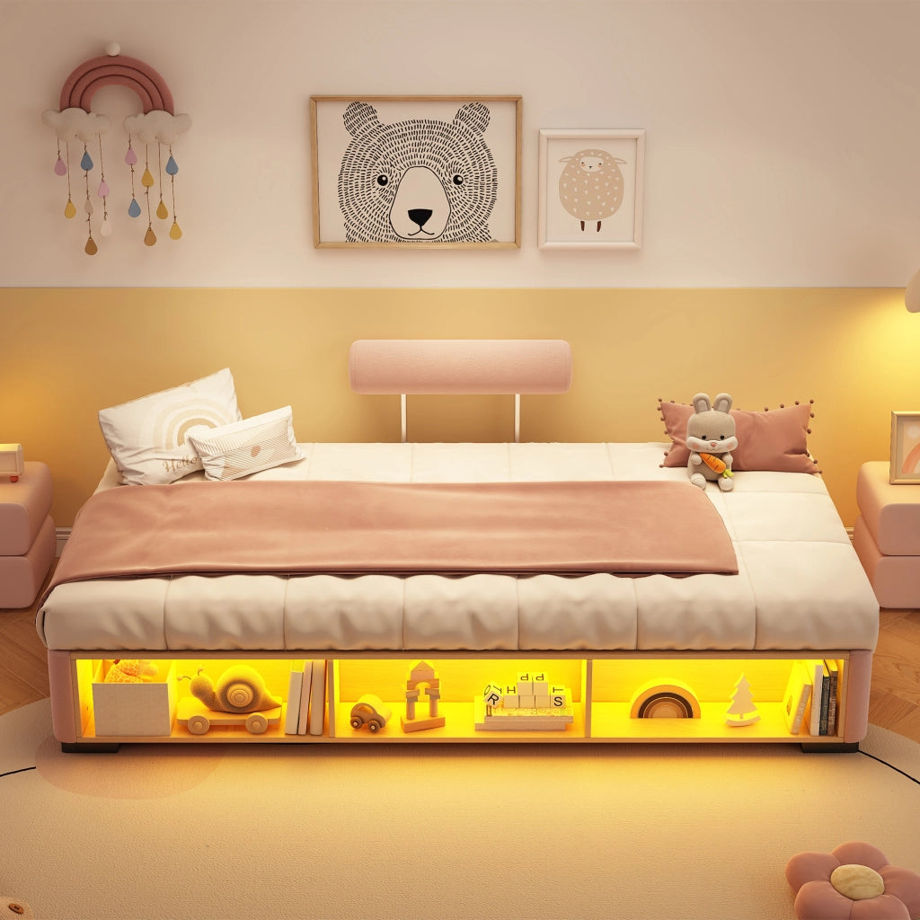 LETTO imbottito Rosa 90x200 cm in velluto con ripiano laterale LED