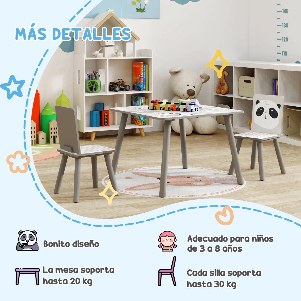 Set Tavolo e 2 Sedie per Bambini ¨C Xylo ¨C Grigio e Bianco con Panda