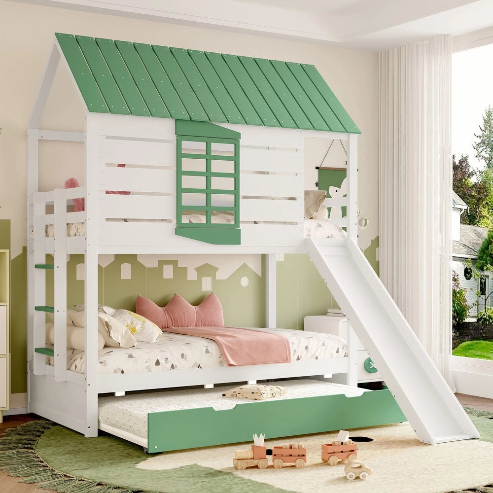 Letto a Castello con Scivolo e Letto Estraibile ¨C MINIMAL ¨C Bianco/Verde 90x200