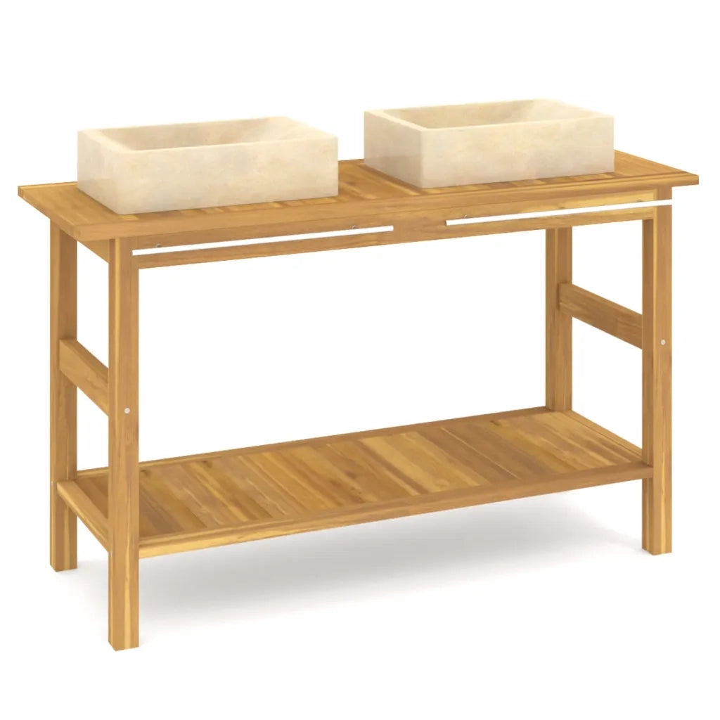 Mobile Vanità Bagno e Lavandini Marmo Crema Legno Massello Teak 3096578