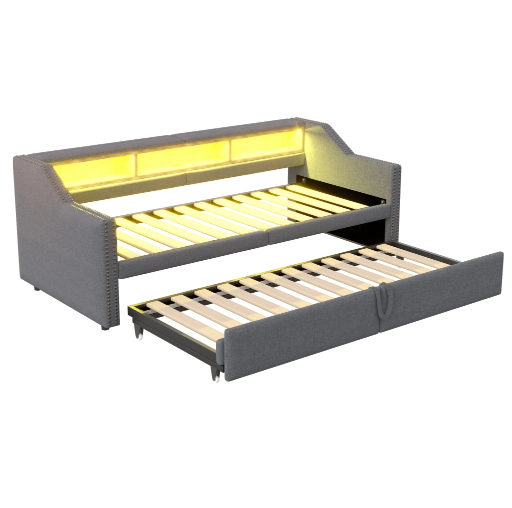 Divano letto estraibile 90/180x200 cm con LED, USB e vani laterali