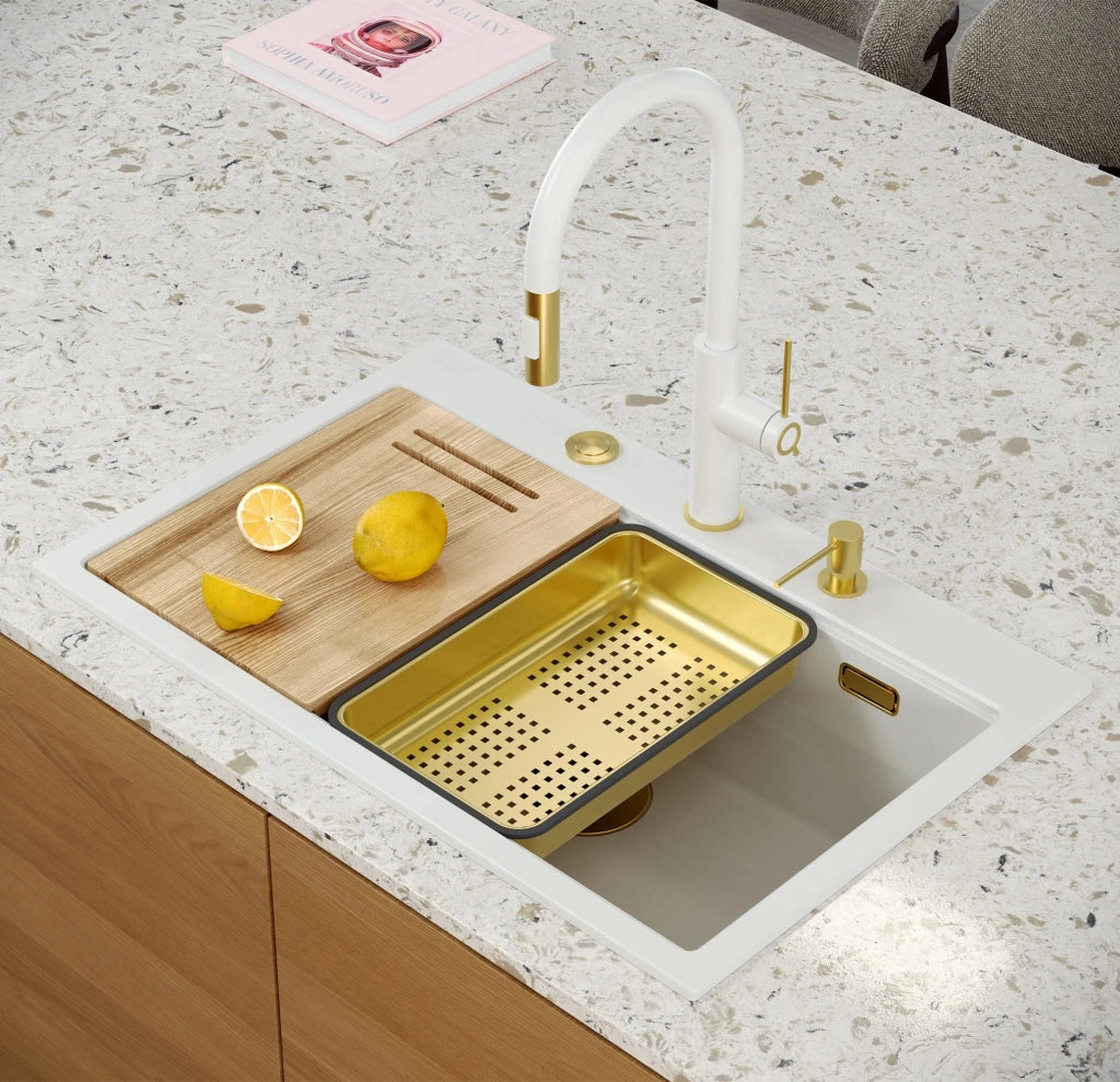 Lavello In Granito Marc 110 Workstation White Tappo oro