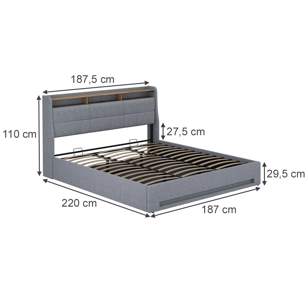 Vitalispa Letto imbottito Grigio/quercia 180x200 con LED e porta USB