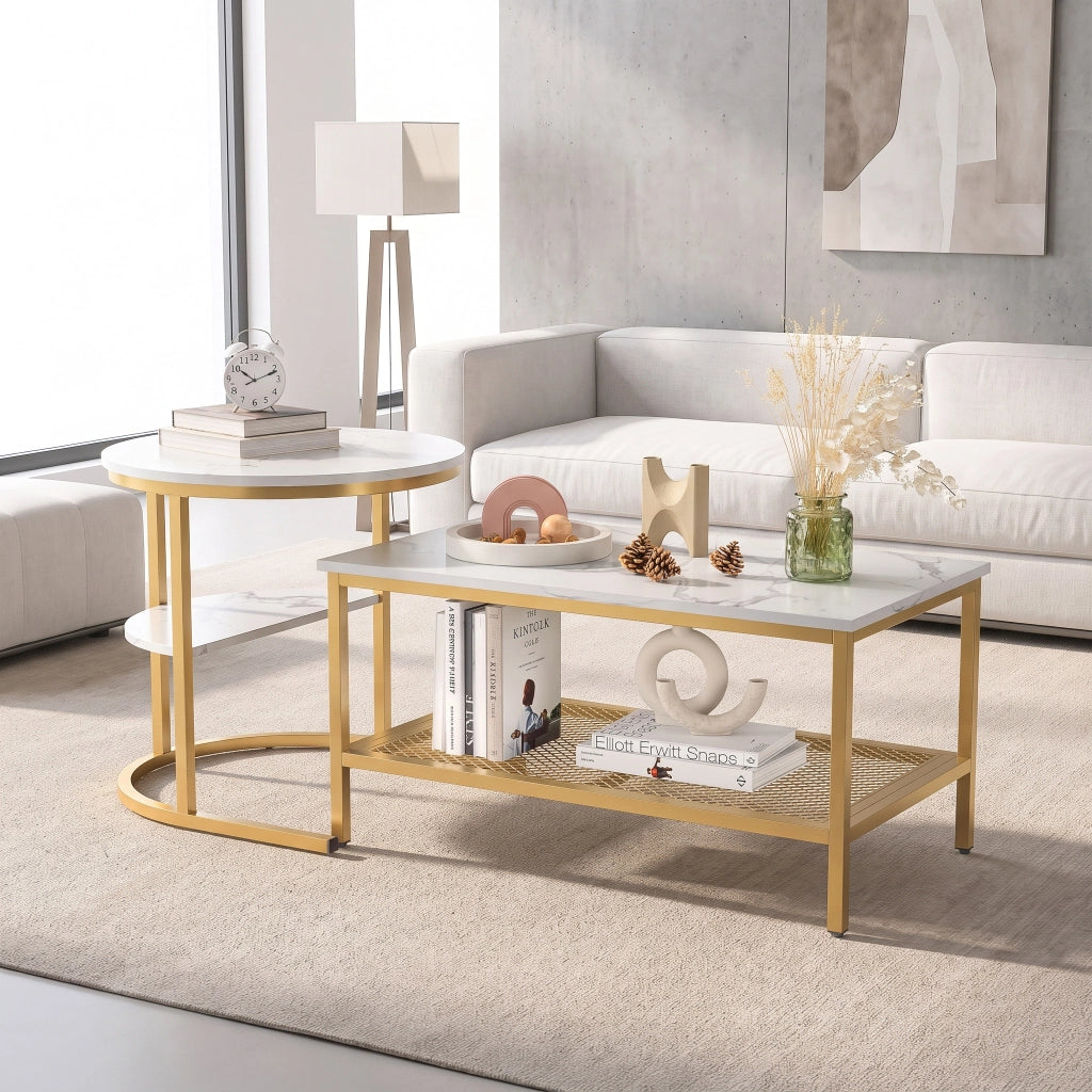 Tavolini salotto rotondi set 2 pezzi 80x46x41 cm con spazio contenitore tavolino da divano effetto marmo struttura in metallo - bianco e oro