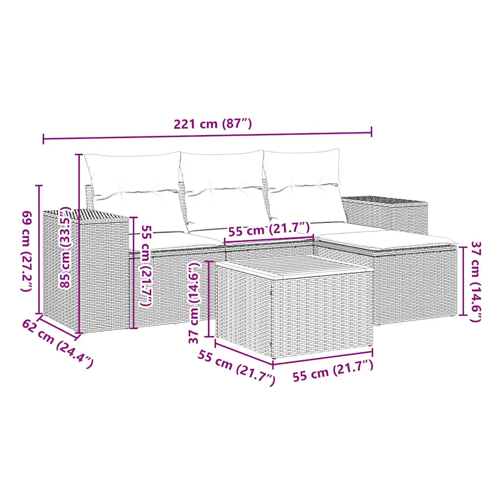Set Divani da Giardino 5 pz con Cuscini in Polyrattan Nero 3257743