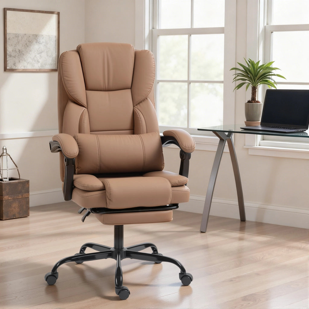 Sedia da Ufficio Reclinabile in Similpelle con Poggiapiedi e Rotelle ¨C Minimal ¨C Marrone 65x67x111-119 cm
