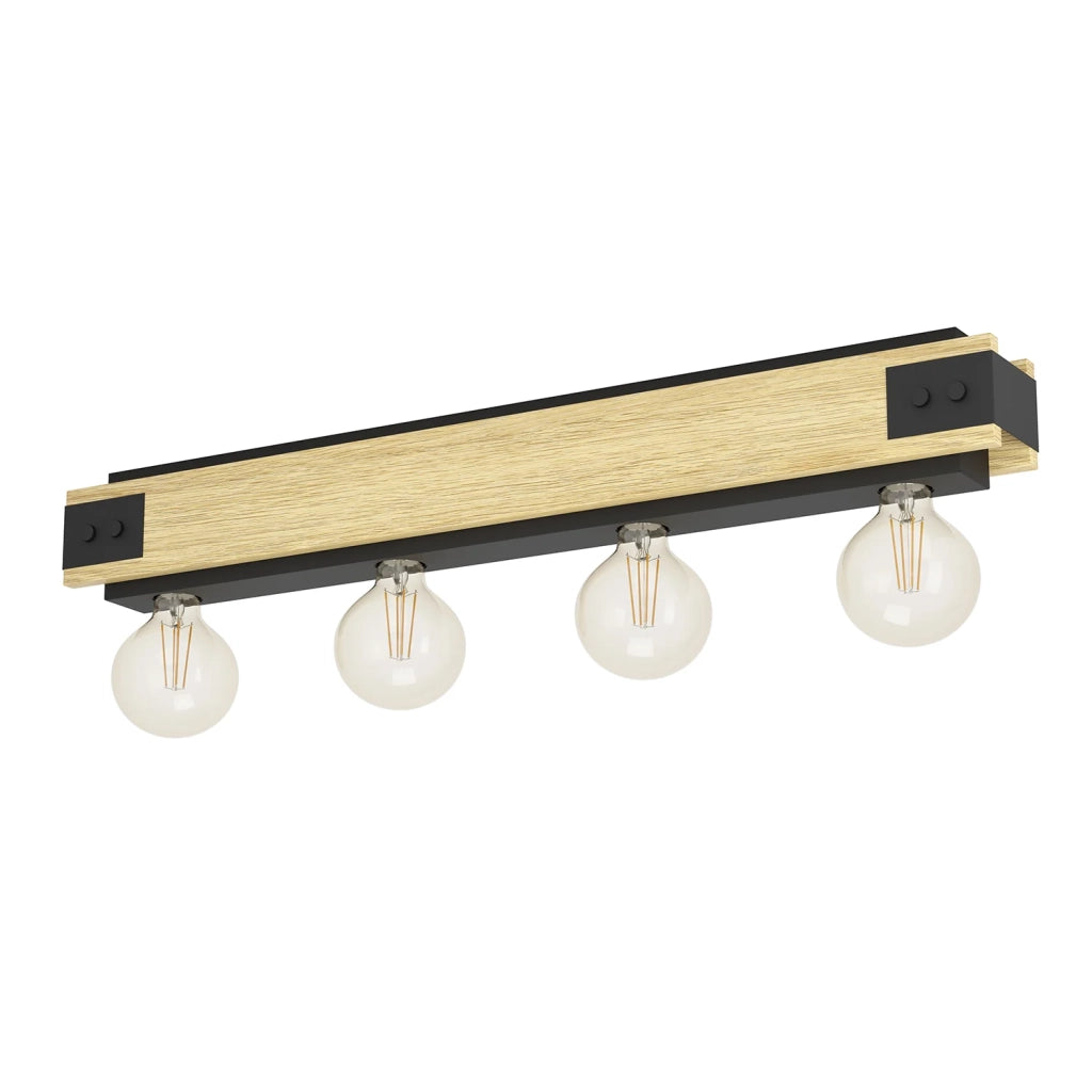 Plafoniera Vintage Layham Legno Marrone 4 Luci E27