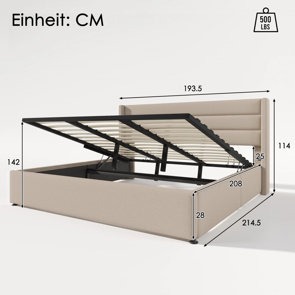 Letto Contenitore Imbottito Matrimoniale Idraulico ¨C MINIMAL ¨C Doghe in Legno, Tessuto, Beige, 180x200