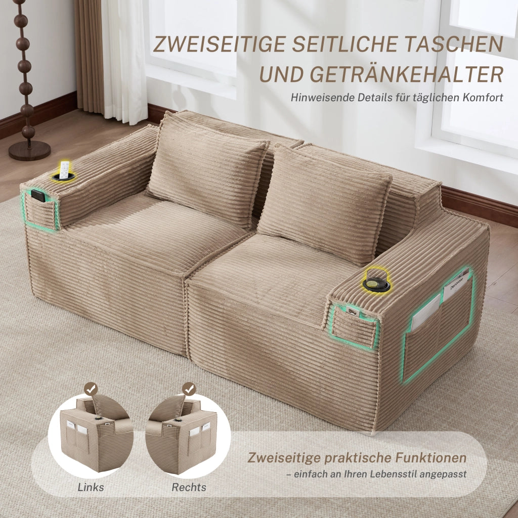 Divano Modulare 2 Posti con Portabicchieri e Tasche Laterali, Seduta con Molle, in Velluto a Coste Cachi 188 × 90 × 75 cm
