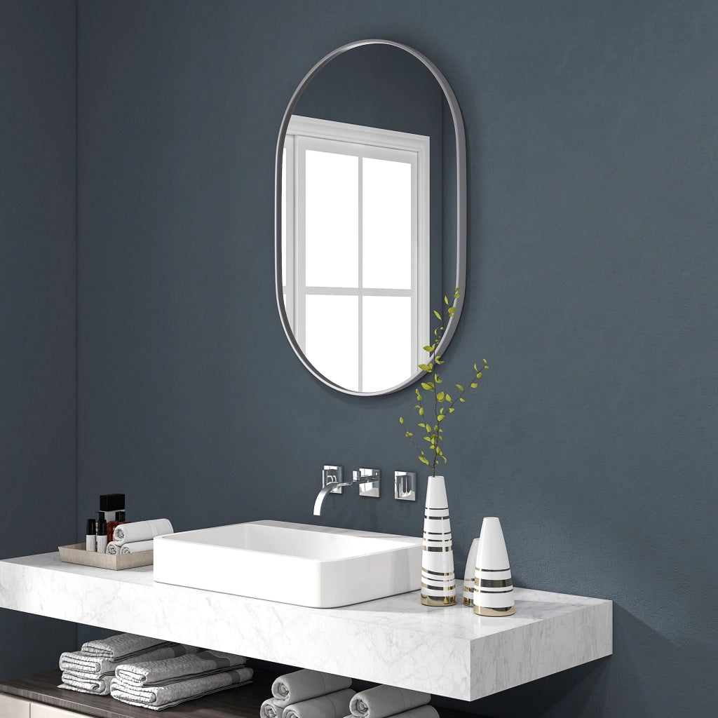 Specchio Bagno Ovale da Parete 60x90 cm con Cornice in Alluminio Verticale o Orizzontale Argento