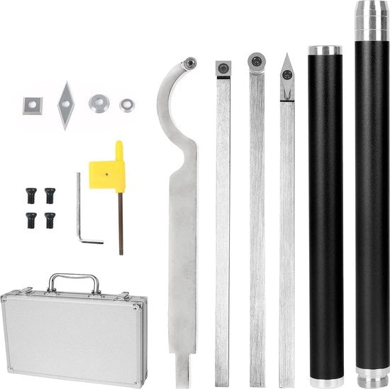 Set di Strumenti per Tornio da 4 Strumenti per Lavorazione del Legno - Tagliatrice a Carburo - Manico Estensibile - Borsa di Carico in Alluminio - Artigiani e Appassionati di Fai da Te - Nero