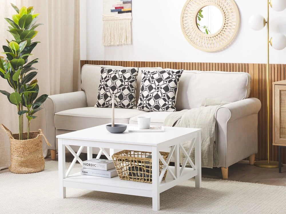 Tavolino da Caffè Quadrato Bianco con 2 Piani d'Appoggio Stile Boho