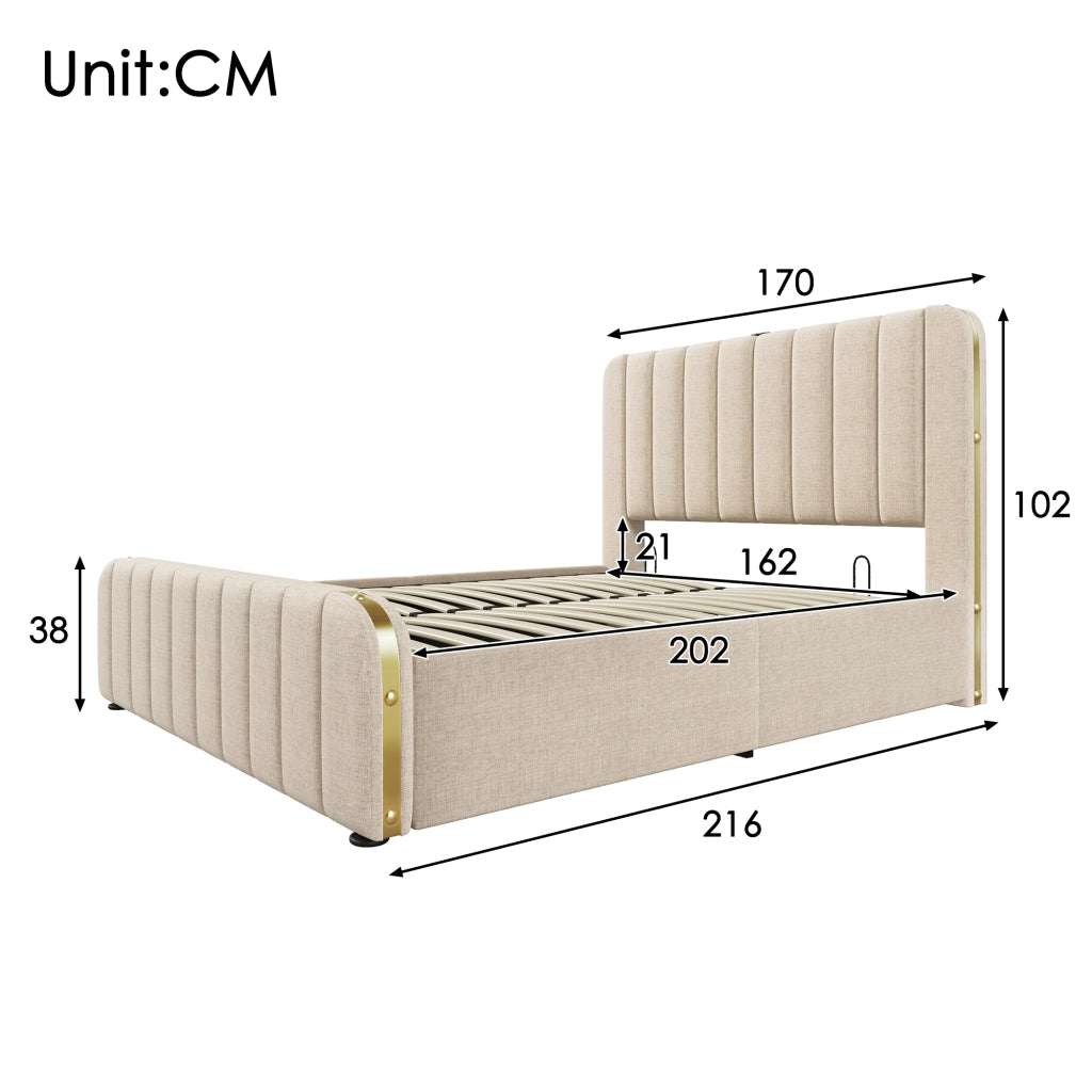 LETTO Contenitore 160x200 cm in lino beige con ricarica USB e Type-C