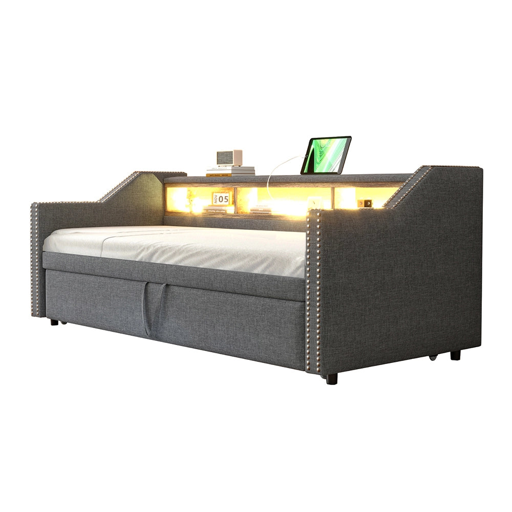 Divano letto - Xylo - 90/180x190 cm LED USB grigio scuro