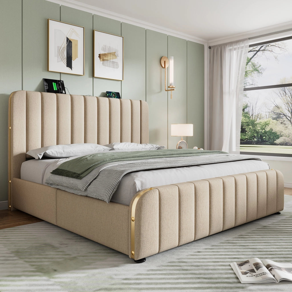 LETTO matrimoniale 140x190 cm beige in lino con 4 cassetti e USB Type-C