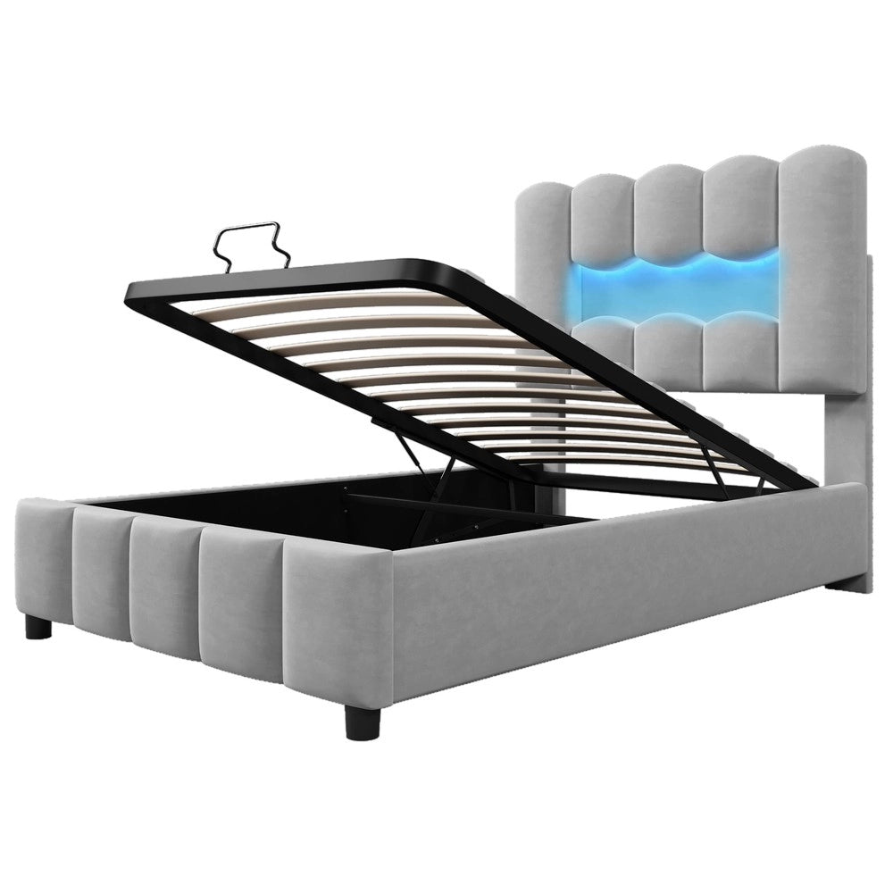 Letto Imbottito Singolo con LED e Contenitore ¨C MINIMAL ¨C Velluto Grigio 90x200