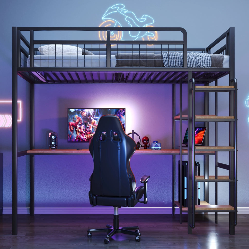 Letto a soppalco in metallo 90x200 cm con scala di sicurezza, tavolo e ripiani, nero