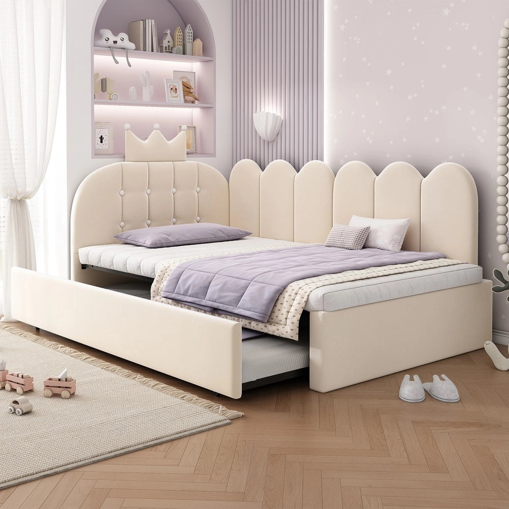 Divano letto estraibile - Zephmum- 90x200 cm- L-Form- Velluto- Beige- Design corona e griglia