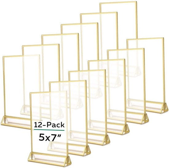 Set di fotolijsten da tavolo per matrimonio, 12 pezzi, 12 x 17,8 cm, doppia faccia acrilica, trasparenti con bordo dorato 3 mm e supporto verticale standard