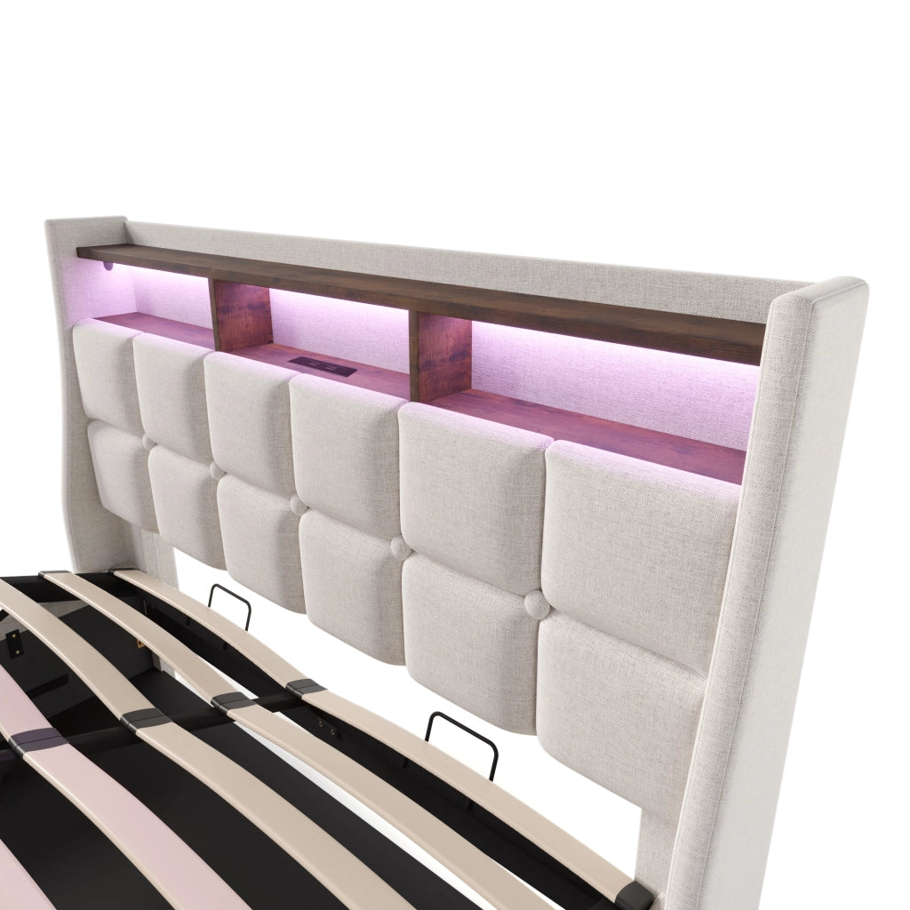LETTO imbottito LED e USB 160x200 cm Beige con vano contenitore