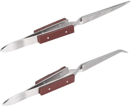 Pincette 2 pezzi - Manico in acciaio inox e legno - Antiscivolo - Punta diritta e curva - Per la creazione di gioielli - Attrezzo manuale - Pincetta