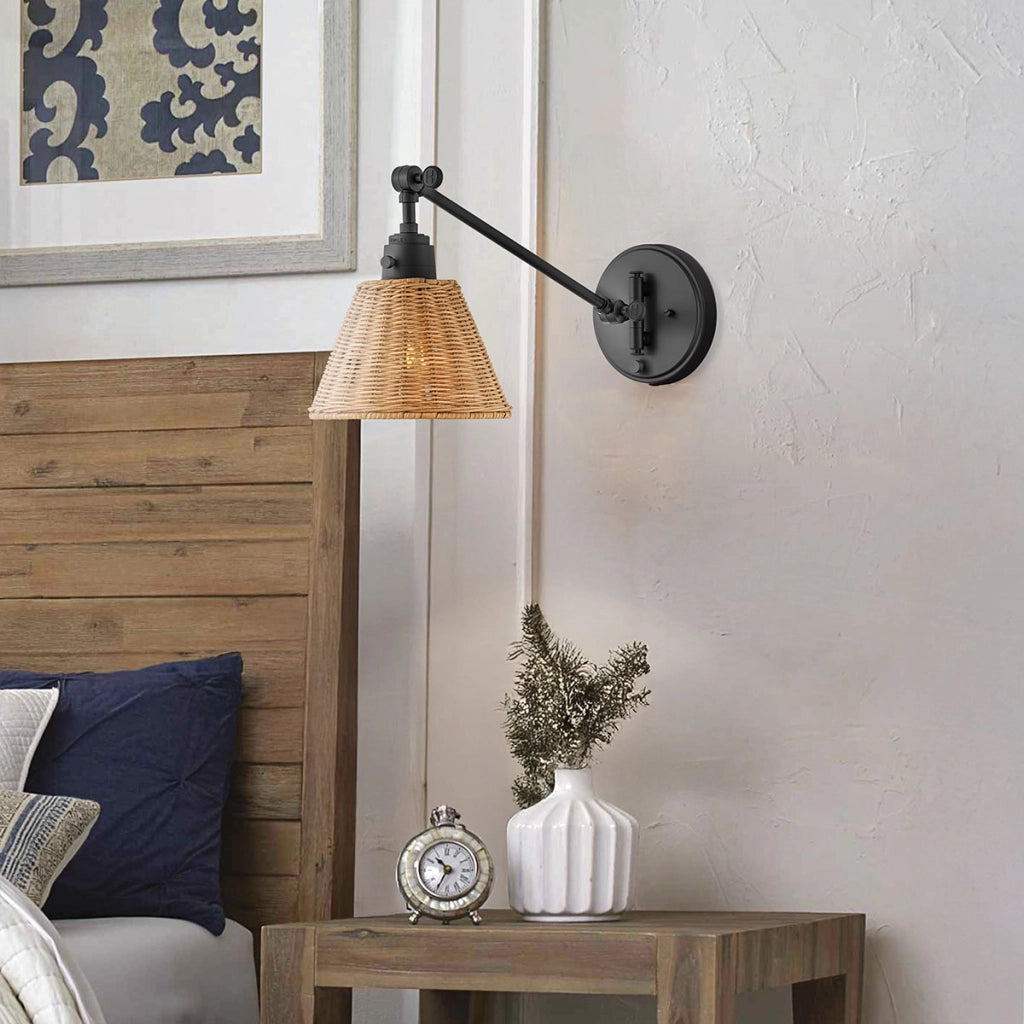 Applique lettura nera paralume rattan beige E27 ARTI