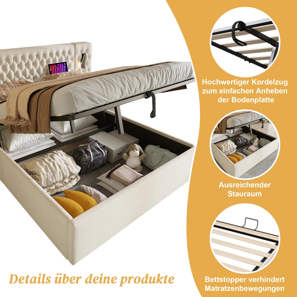 LETTO Contenitore Idraulico 180x200 cm Velluto Beige con 2 comodini