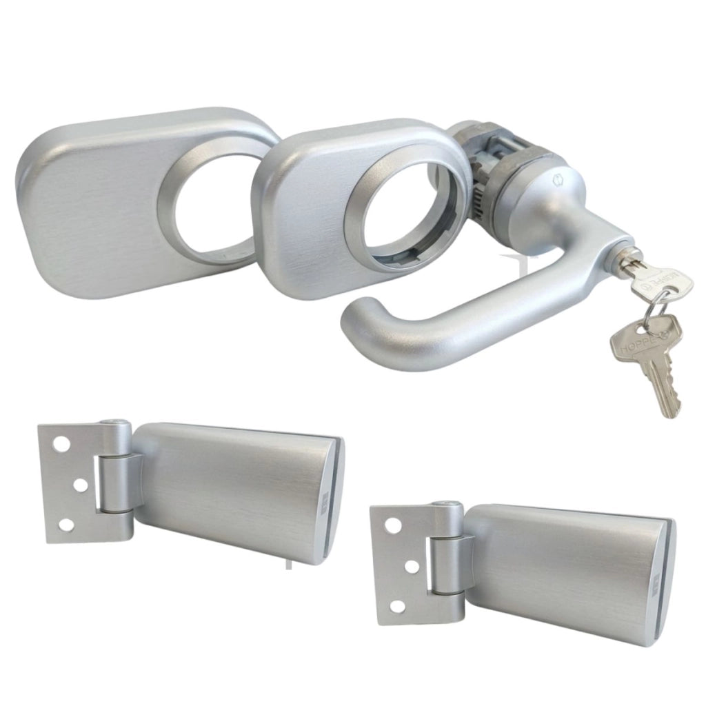 Kit per porta in vetro maniglia e cerniere argento opaco