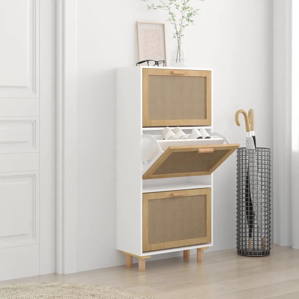 Scarpiera | Mobile per scarpe Bianca52x25x115cm Legno Multistrato e Rattan Naturale