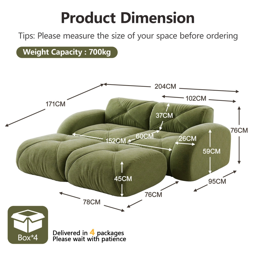 Divano modulare 2 posti con 2 pouf; schiuma 32D; tessuto chenille; verde