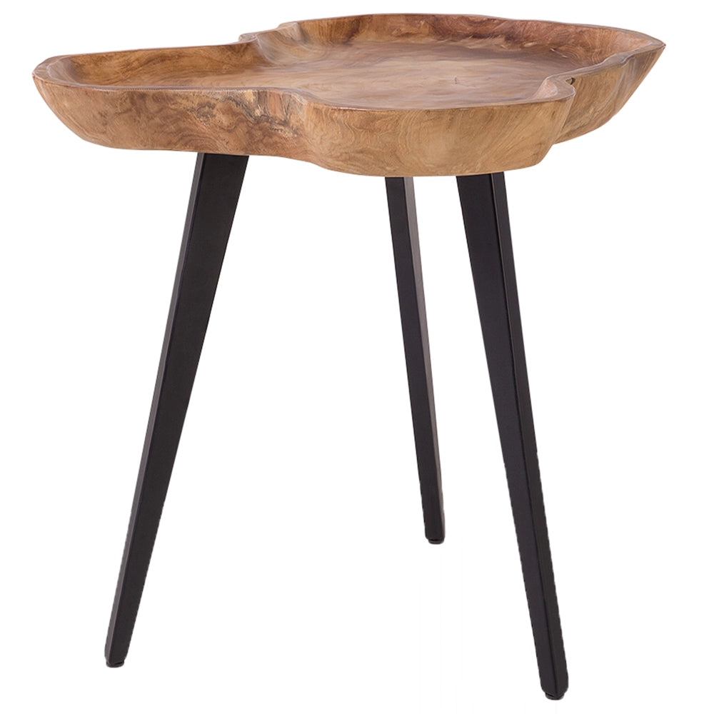 Tavolino in legno chiaro con treppiede in teak base in acciaio piano con in stile rustico
