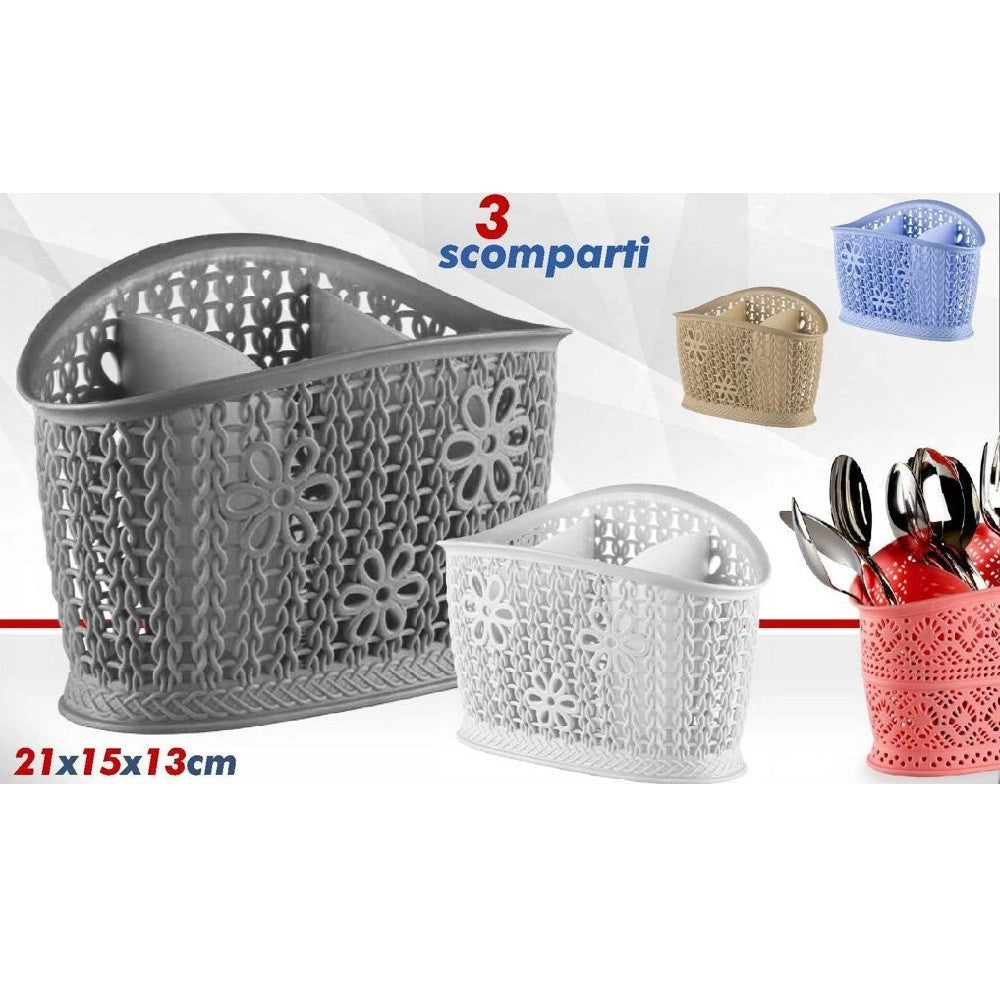 Trade Shop - Cestino Colaposate Cucina Ovale A 3 Scomparti In Plastica Colorato Ricamo Fiori -