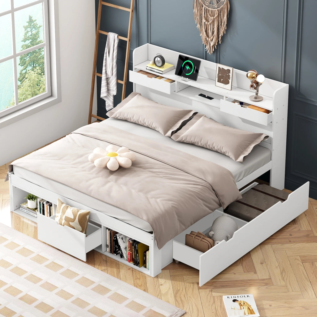 Letto doppio - Zephmum - 140x190cm - Bianco - USB, cassetti, armadio