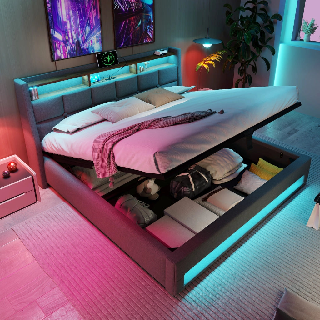 LETTO 160x200 cm in lino grigio con USB, LED e contenitore